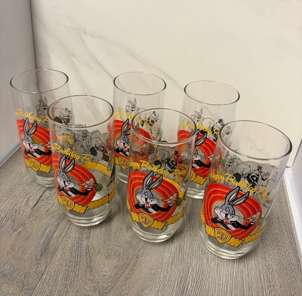 6 Vintage 1990 Looney Tunes 50th Anniversary Bugs Bunny Glasses - Warner Bros